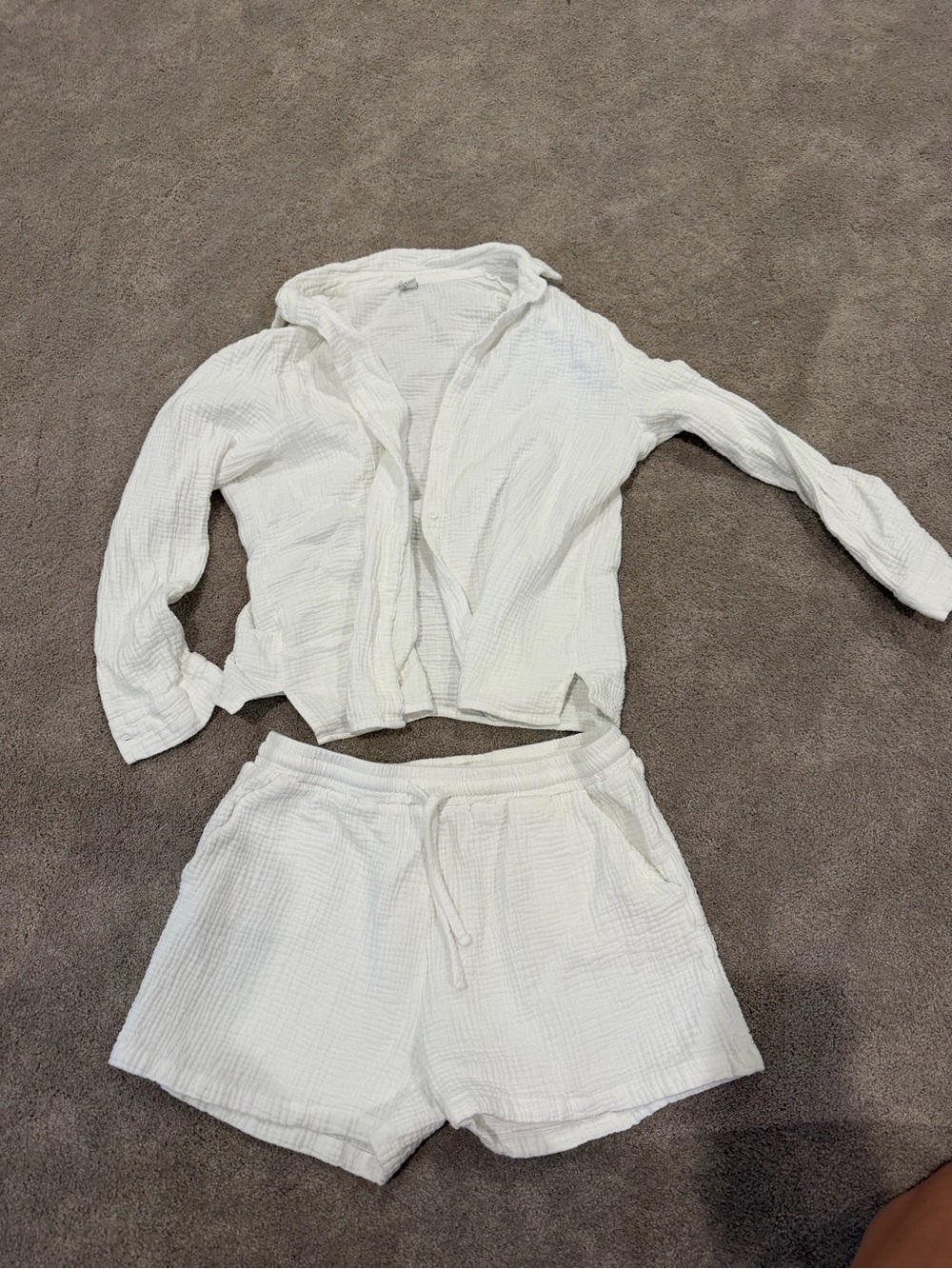 White Gauze Hooded Shirt and Drawstring Shorts Set coverup